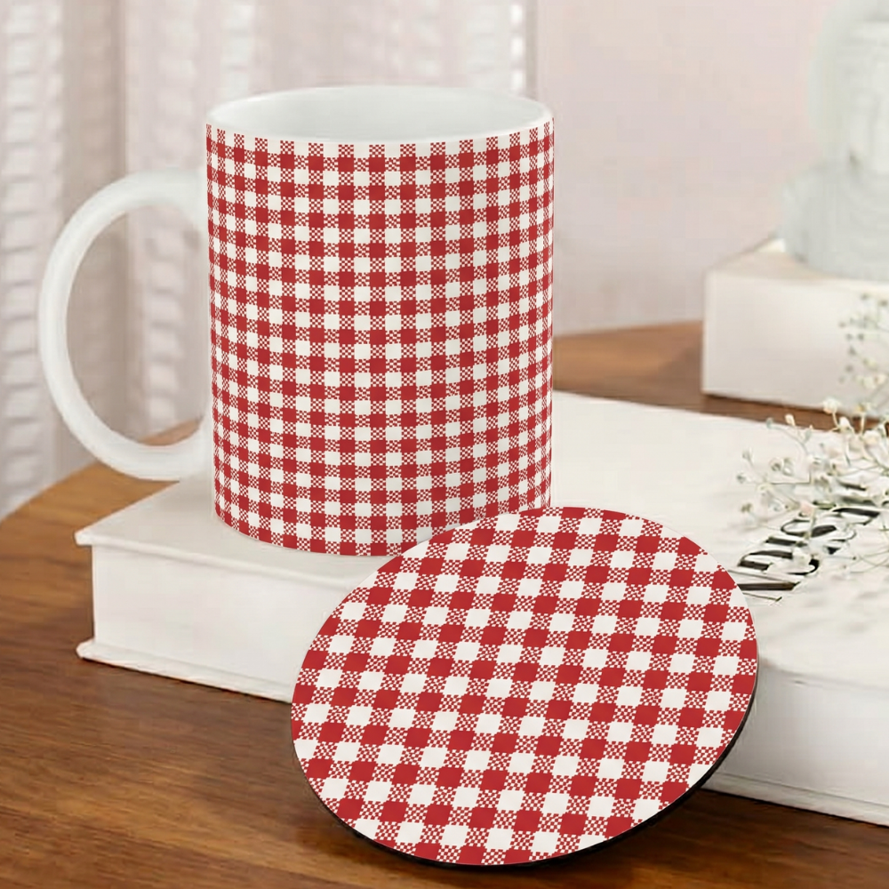 Bazinco Coordinating Red & White Gingham Design White 11 Oz Ceramic Mug and Coaster Gift Combo