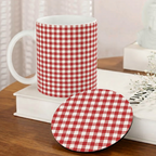 Bazinco Coordinating Red & White Gingham Design White 11 Oz Ceramic Mug and Coaster Gift Combo