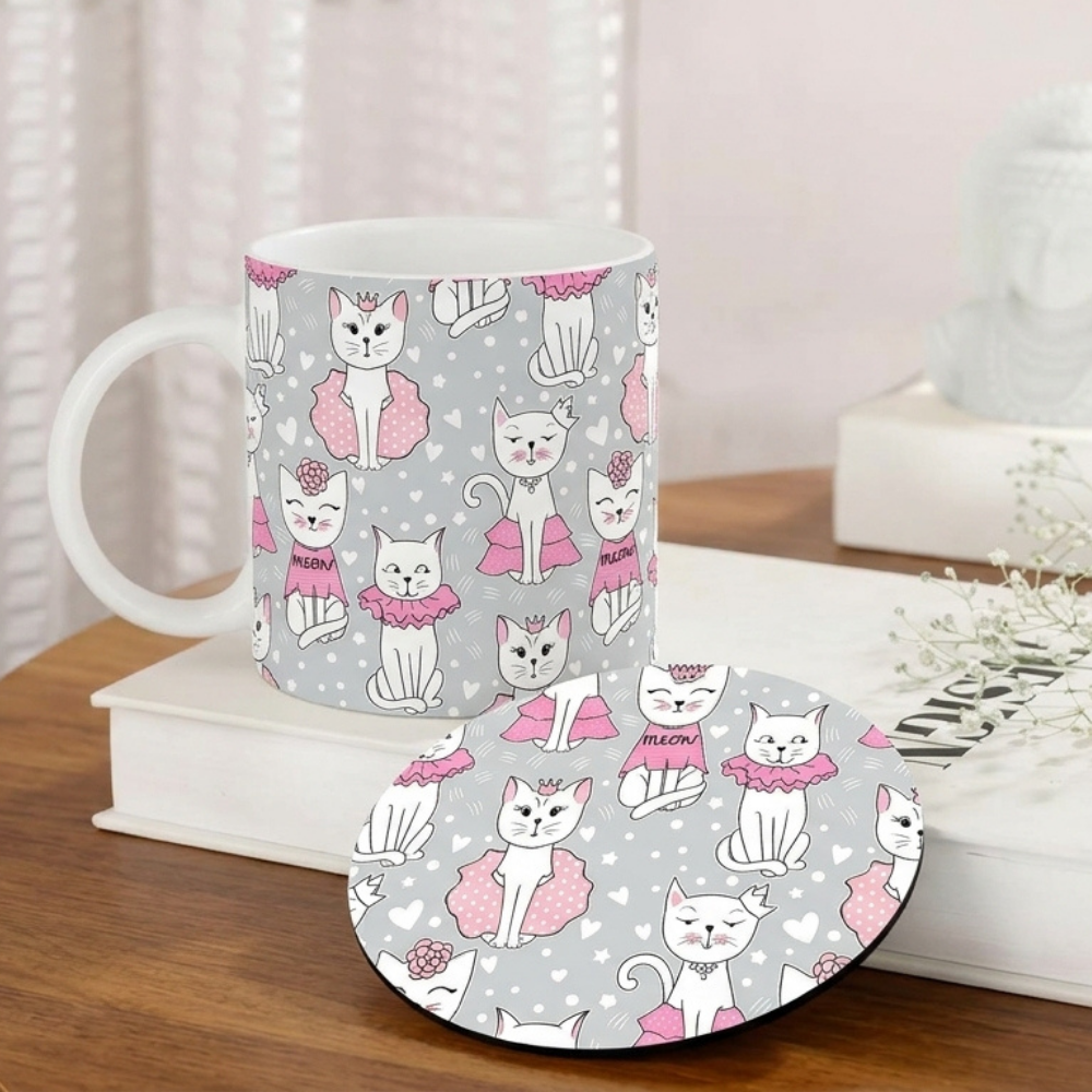 Bazinco Cats in Tutus White 11 Oz Ceramic Mug and Coaster Gift Combo