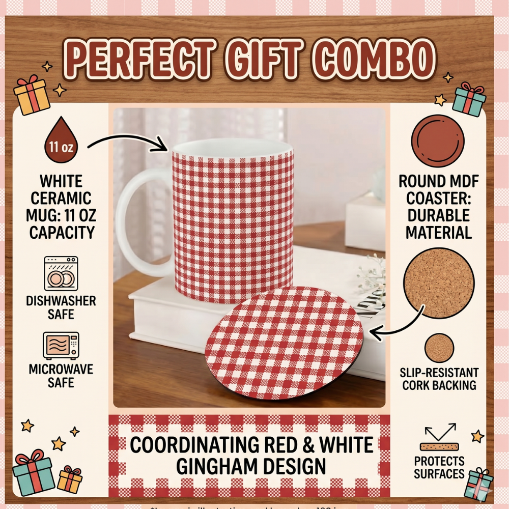 Bazinco Coordinating Red & White Gingham Design White 11 Oz Ceramic Mug and Coaster Gift Combo