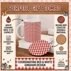 Bazinco Coordinating Red & White Gingham Design White 11 Oz Ceramic Mug and Coaster Gift Combo