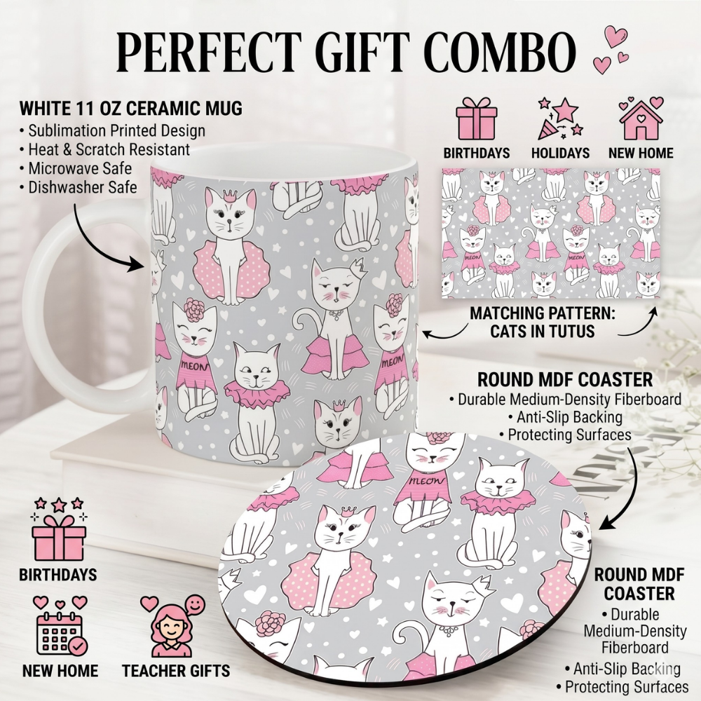 Bazinco Cats in Tutus White 11 Oz Ceramic Mug and Coaster Gift Combo