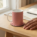 Bazinco Coordinating Red & White Gingham Design White 11 Oz Ceramic Mug and Coaster Gift Combo
