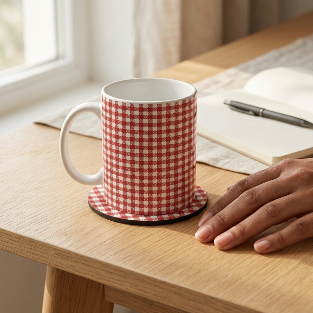 Bazinco Coordinating Red & White Gingham Design White 11 Oz Ceramic Mug and Coaster Gift Combo