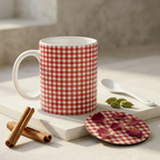Bazinco Coordinating Red & White Gingham Design White 11 Oz Ceramic Mug and Coaster Gift Combo
