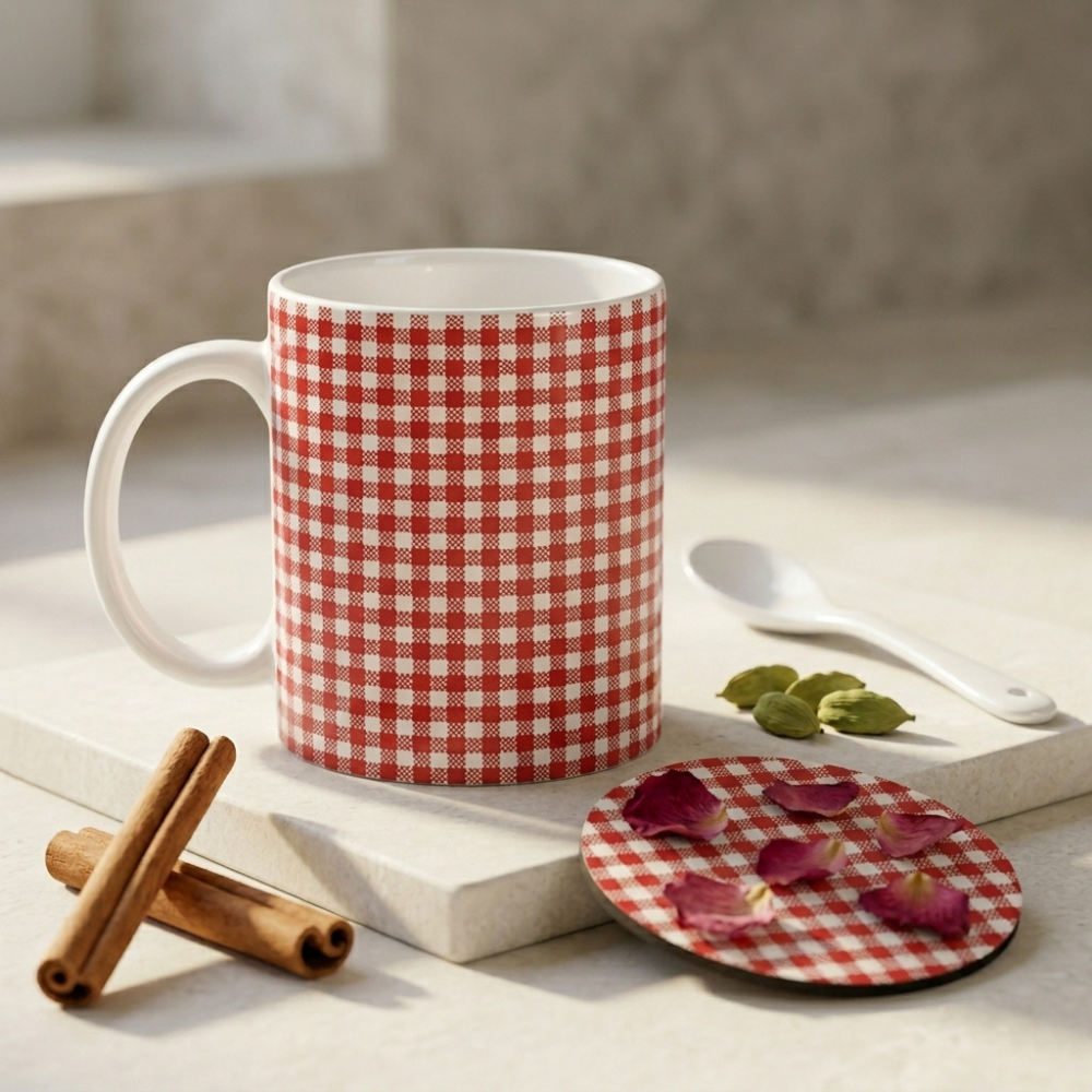 Bazinco Coordinating Red & White Gingham Design White 11 Oz Ceramic Mug and Coaster Gift Combo