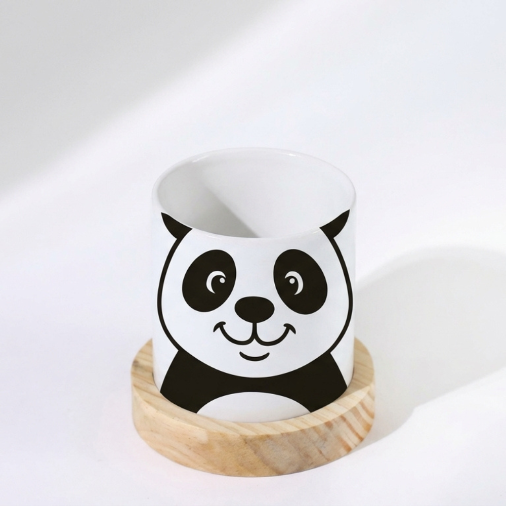Bazinco Personalized Succulent Plant Pot – Cute Panda Ceramic Planter with Wooden Base | Unique Mother’s Day Gift & Indoor Desk Decor
