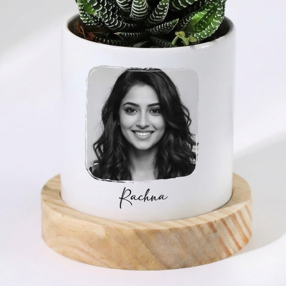 Bazinco Personalized Mother’s Day Ceramic Planter with Wooden Base – Custom Photo Plant Pot Gift for Mom