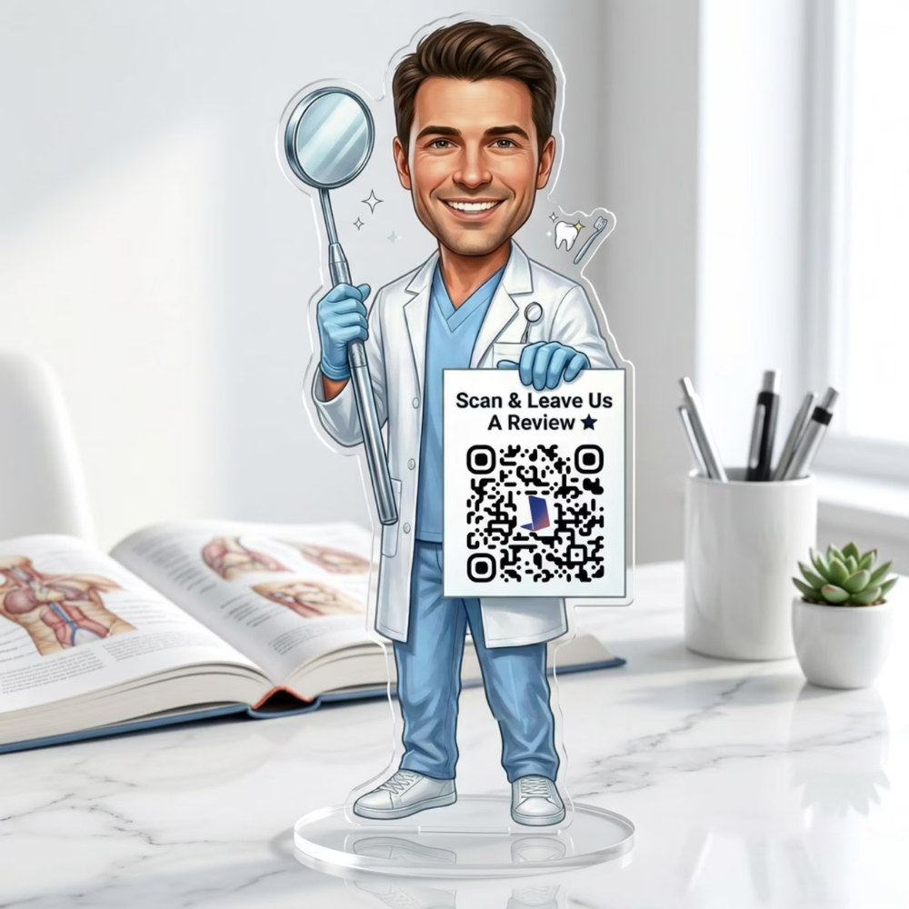 Bazinco Custom Dentist Caricature QR Review Stand – Personalized Acrylic Dental Clinic Review Display with QR Code | Dentist Desk Decor & Professional Gift