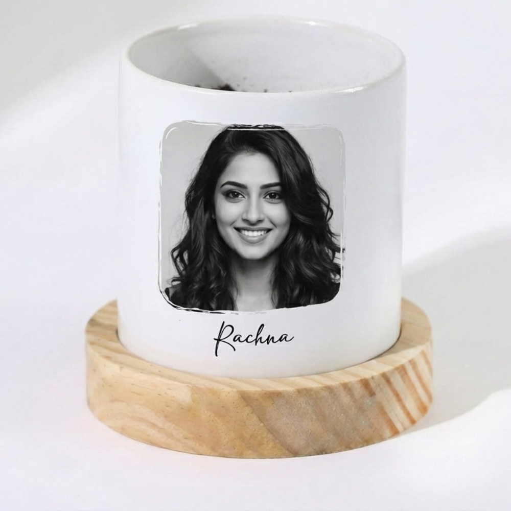 Bazinco Personalized Mother’s Day Ceramic Planter with Wooden Base – Custom Photo Plant Pot Gift for Mom