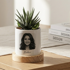 Bazinco Personalized Mother’s Day Ceramic Planter with Wooden Base – Custom Photo Plant Pot Gift for Mom