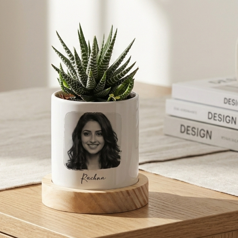 Bazinco Personalized Mother’s Day Ceramic Planter with Wooden Base – Custom Photo Plant Pot Gift for Mom