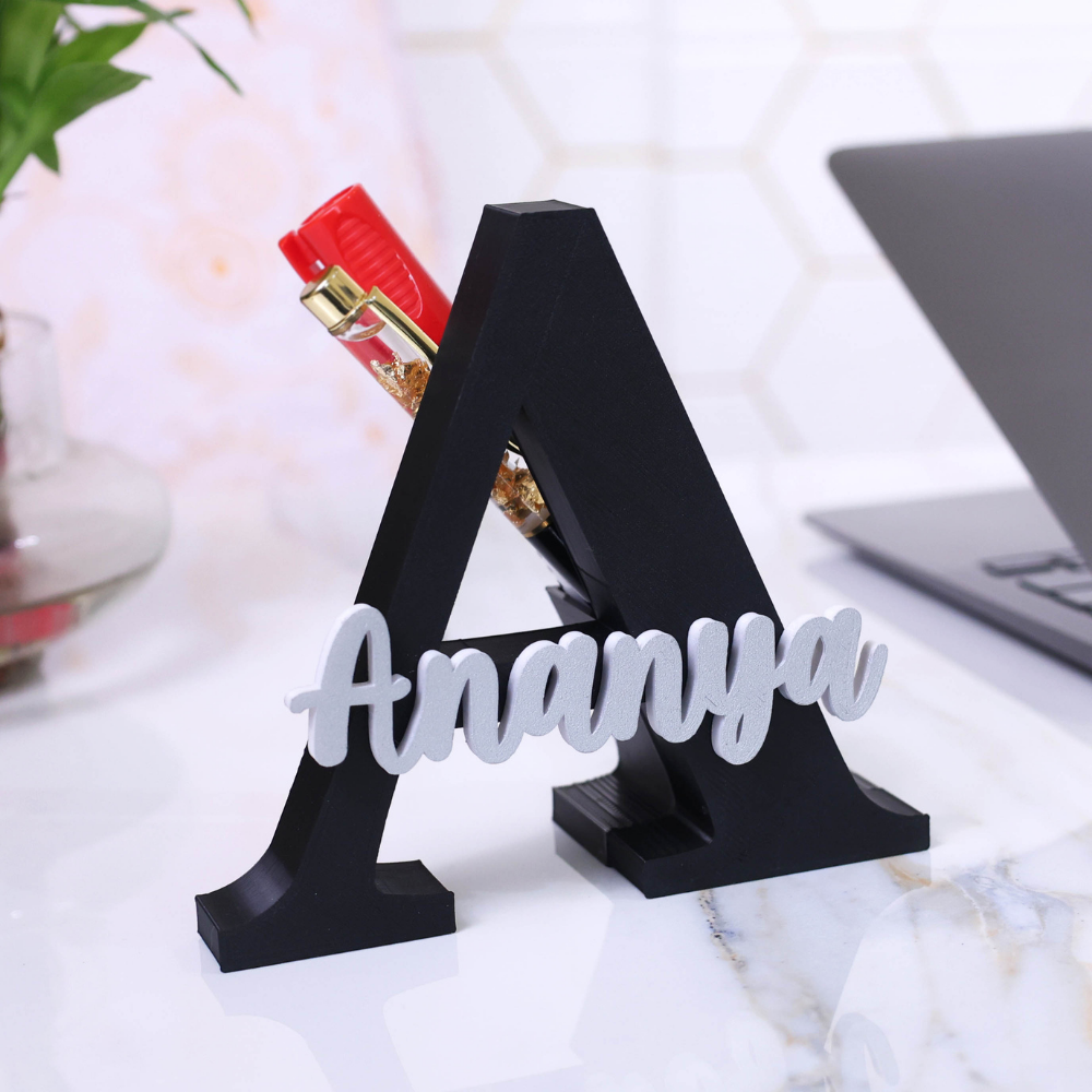 Bazinco 3D Letter A Pen Holder – Personalized Alphabet Desk Organizer for Office & Study Table