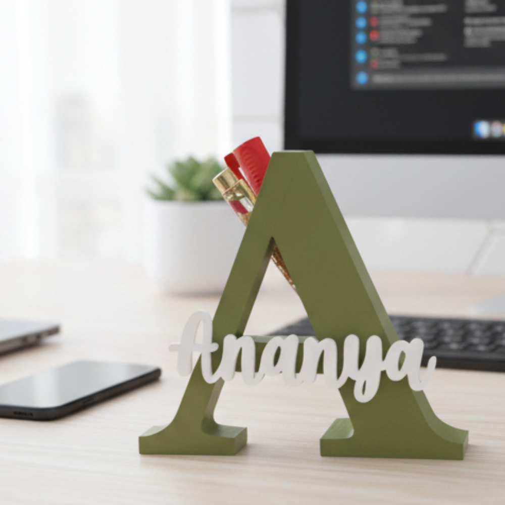 Bazinco 3D Letter A Pen Holder – Personalized Alphabet Desk Organizer for Office & Study Table