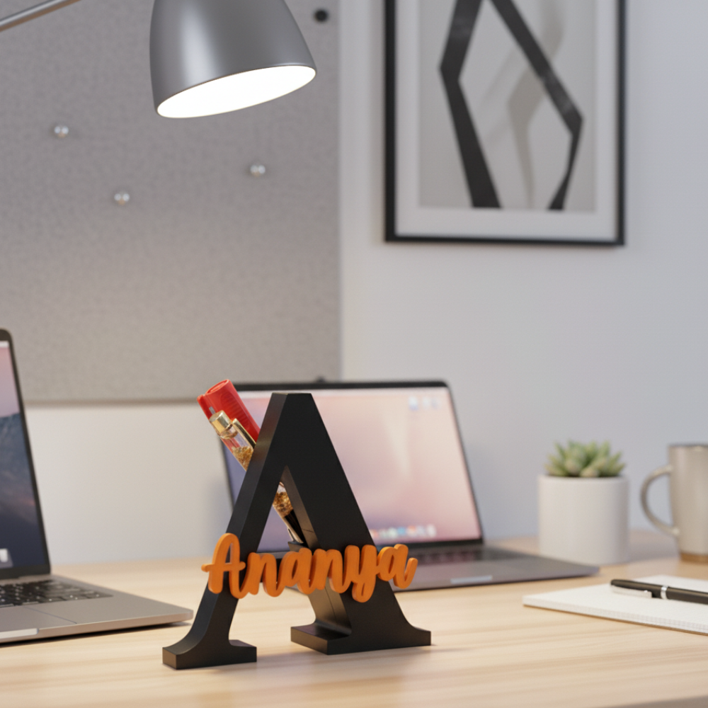 Bazinco 3D Letter A Pen Holder – Personalized Alphabet Desk Organizer for Office & Study Table