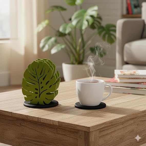 Bazinco 3D Printed Monstera Leaf Coasters Set of 4 – Anti-Slip Drink Coasters