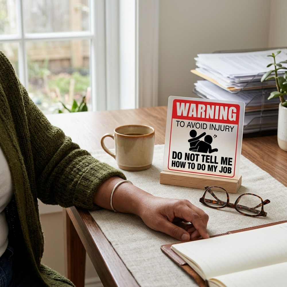 Bazinco Funny Desk Sign Acrylic Plaque with Wood Stand Warning To Avoid Injury Do Not Tell Me How To Do My Job Office Humor Gag Gift