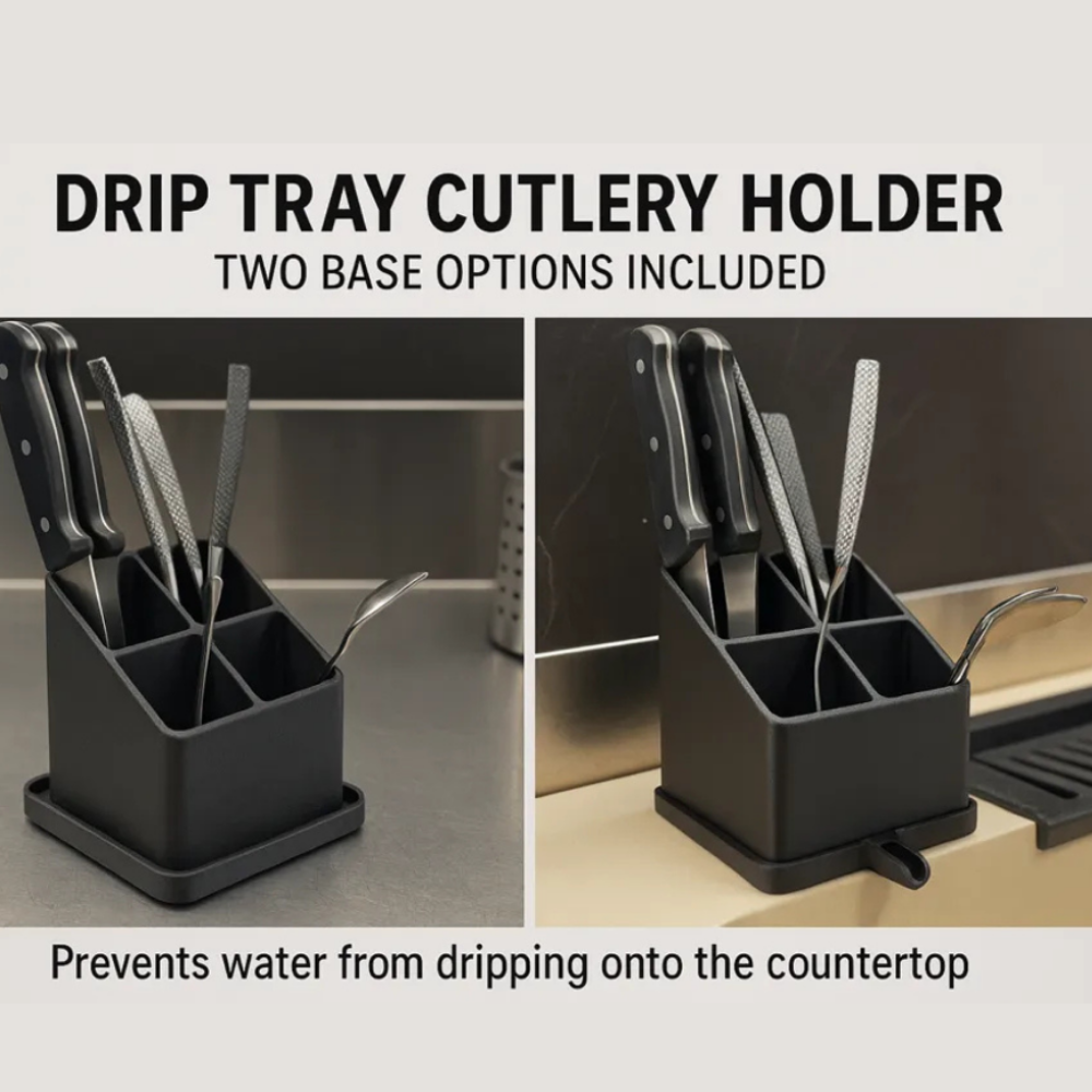 Bazinco 4-Compartment Knife & Cutlery Holder with Drain Tray – Modern Kitchen Organizer Stand