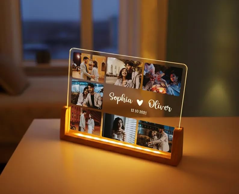 Bazinco Personalized LED Photo Frame with Custom Name & Photos | Acrylic Photo Collage Frame with Wooden Base | Romantic Couple Anniversary Gift