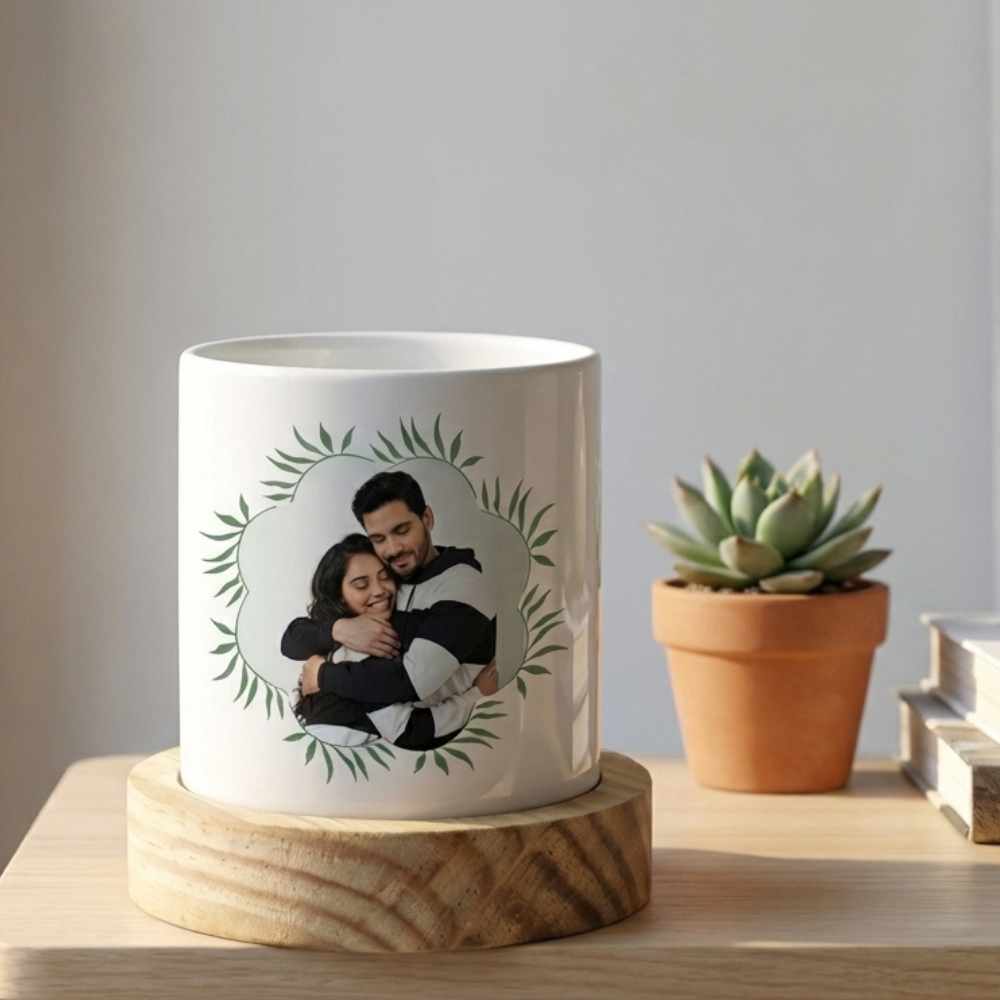 Bazinco Personalized Photo & Name Ceramic Planter with Wooden Base – Custom Couple Gift, Indoor Plant Pot for Home Decor & Anniversary Gift