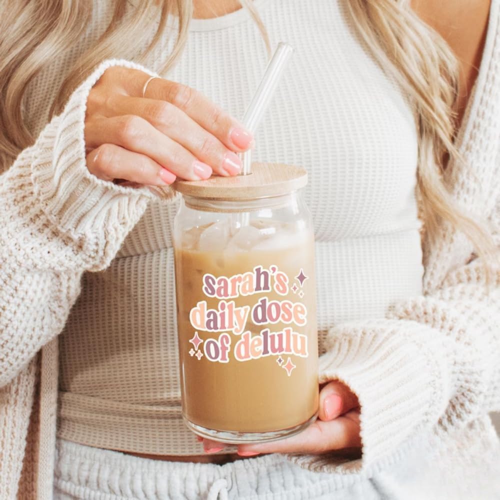 Custom Daily Dose of Delulu Glass Can | Personalized Name Iced Coffee Cup with Bamboo Lid & Reusable Glass Straw | Cute Aesthetic Coffee Tumbler Gift for Her
