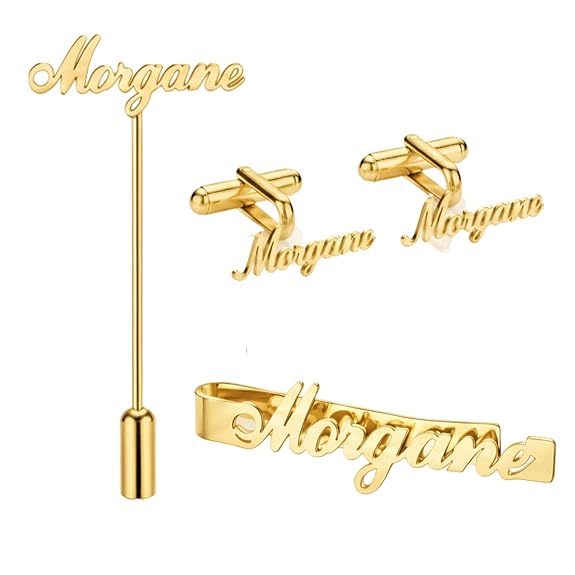 Bazinco Custom Name Cufflinks with Signature Tie Clip & Lapel Pin – Luxury Gold Monogram Set