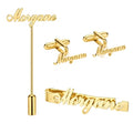 Bazinco Custom Name Cufflinks with Signature Tie Clip & Lapel Pin – Luxury Gold Monogram Set