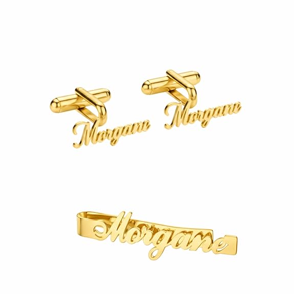 Bazinco Custom Name Cufflinks with Signature Tie Clip & Lapel Pin – Luxury Gold Monogram Set