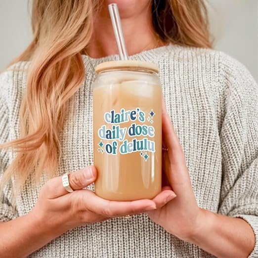 Custom Daily Dose of Delulu Glass Can | Personalized Name Iced Coffee Cup with Bamboo Lid & Reusable Glass Straw | Cute Aesthetic Coffee Tumbler Gift for Her