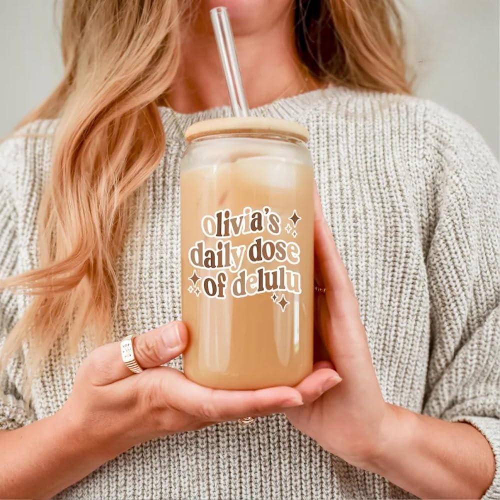 Custom Daily Dose of Delulu Glass Can | Personalized Name Iced Coffee Cup with Bamboo Lid & Reusable Glass Straw | Cute Aesthetic Coffee Tumbler Gift for Her