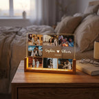 Bazinco Personalized LED Photo Frame with Custom Name & Photos | Acrylic Photo Collage Frame with Wooden Base | Romantic Couple Anniversary Gift