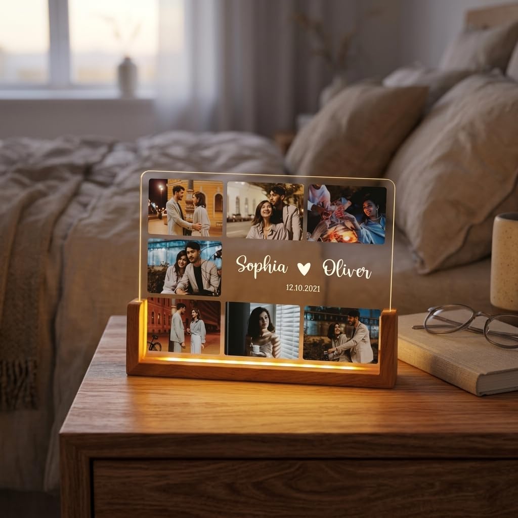 Bazinco Personalized LED Photo Frame with Custom Name & Photos | Acrylic Photo Collage Frame with Wooden Base | Romantic Couple Anniversary Gift