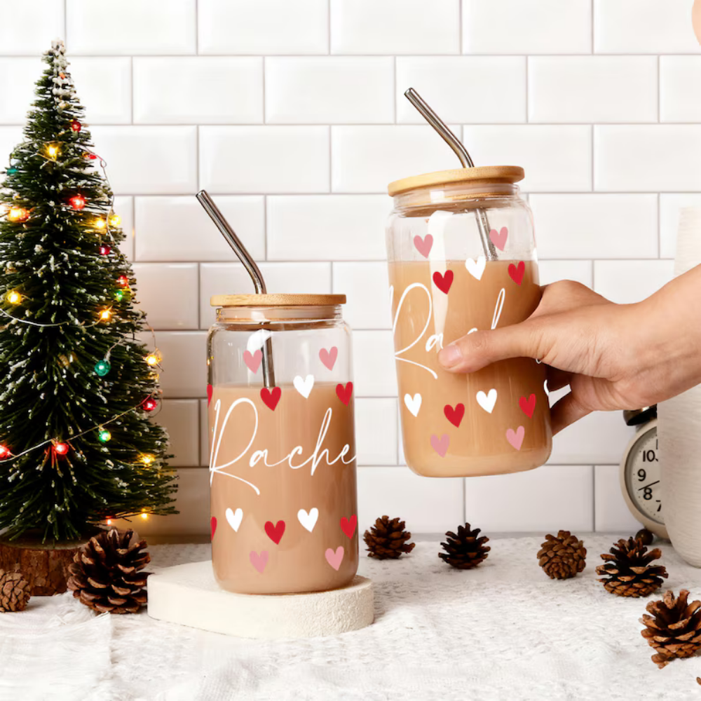 Bazinco Personalized Heart Glass Can Tumbler with Bamboo Lid & Steel Straw | Custom Name Iced Coffee Cup | Valentine Gift for Her