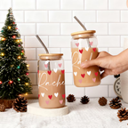 Bazinco Personalized Heart Glass Can Tumbler with Bamboo Lid & Steel Straw | Custom Name Iced Coffee Cup | Valentine Gift for Her