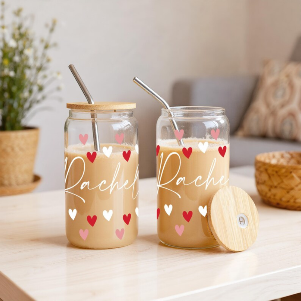 Bazinco Personalized Heart Glass Can Tumbler with Bamboo Lid & Steel Straw | Custom Name Iced Coffee Cup | Valentine Gift for Her