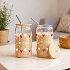 Bazinco Personalized Heart Glass Can Tumbler with Bamboo Lid & Steel Straw | Custom Name Iced Coffee Cup | Valentine Gift for Her