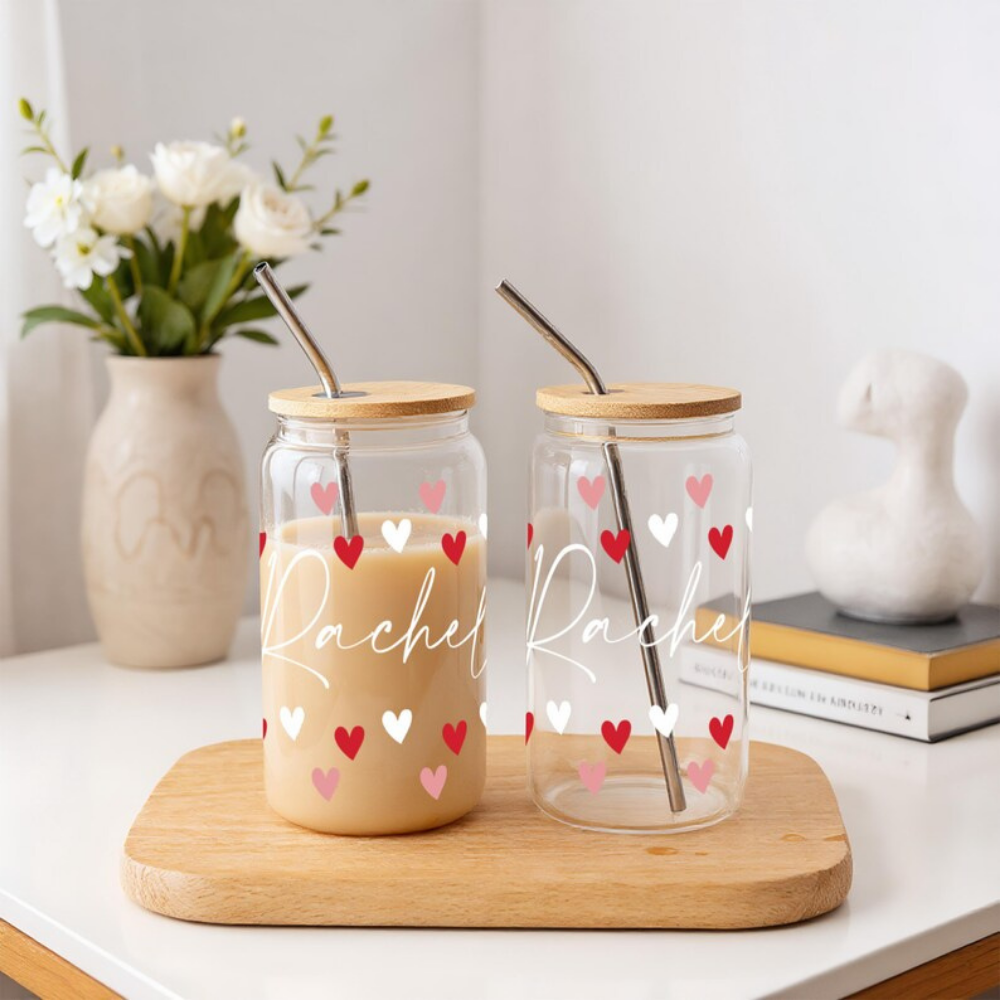 Bazinco Personalized Heart Glass Can Tumbler with Bamboo Lid & Steel Straw | Custom Name Iced Coffee Cup | Valentine Gift for Her
