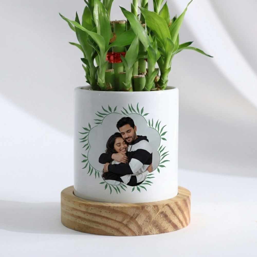 Bazinco Personalized Photo & Name Ceramic Planter with Wooden Base – Custom Couple Gift, Indoor Plant Pot for Home Decor & Anniversary Gift