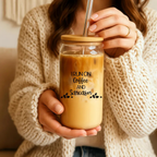 Bazinco I Run on Coffee and Sarcasm Glass Can Cup | Funny Coffee Glass Tumbler with Bamboo Lid & Glass Straw | Aesthetic Iced Coffee Cup Gift for Coffee Lovers