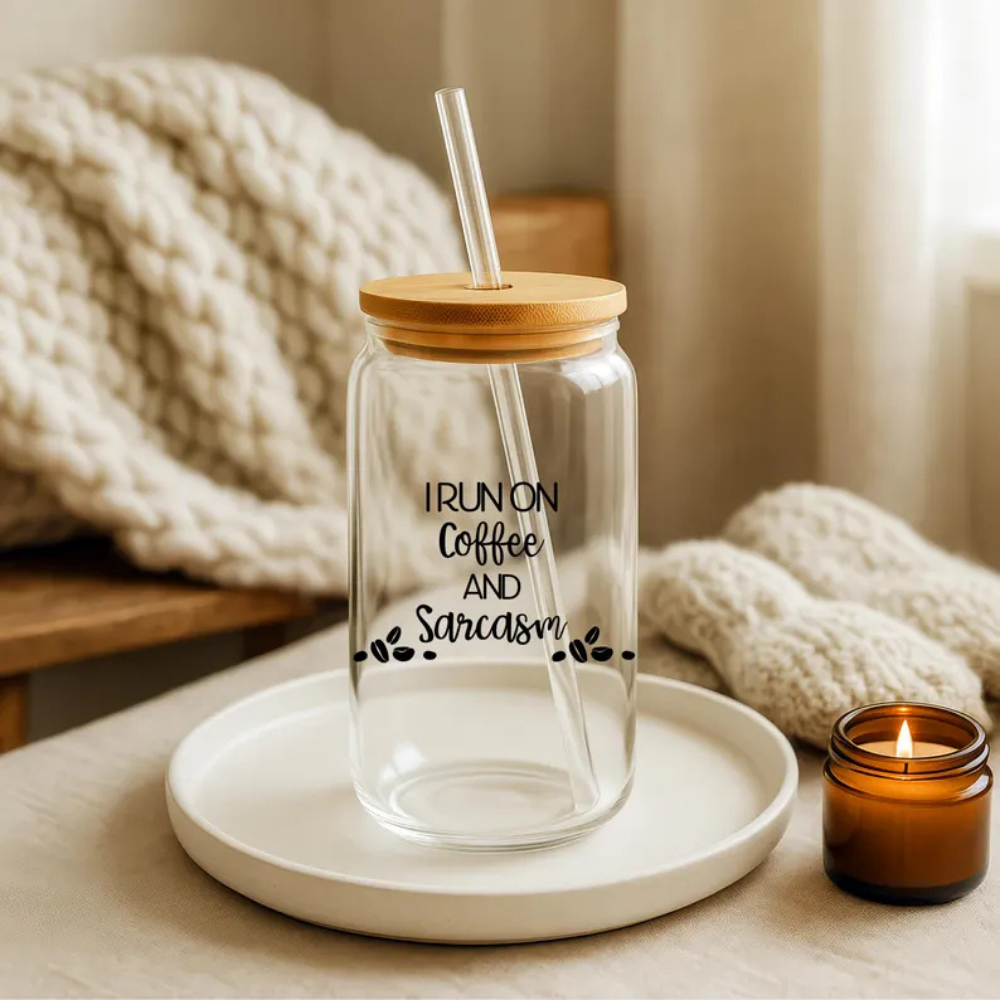Bazinco I Run on Coffee and Sarcasm Glass Can Cup | Funny Coffee Glass Tumbler with Bamboo Lid & Glass Straw | Aesthetic Iced Coffee Cup Gift for Coffee Lovers