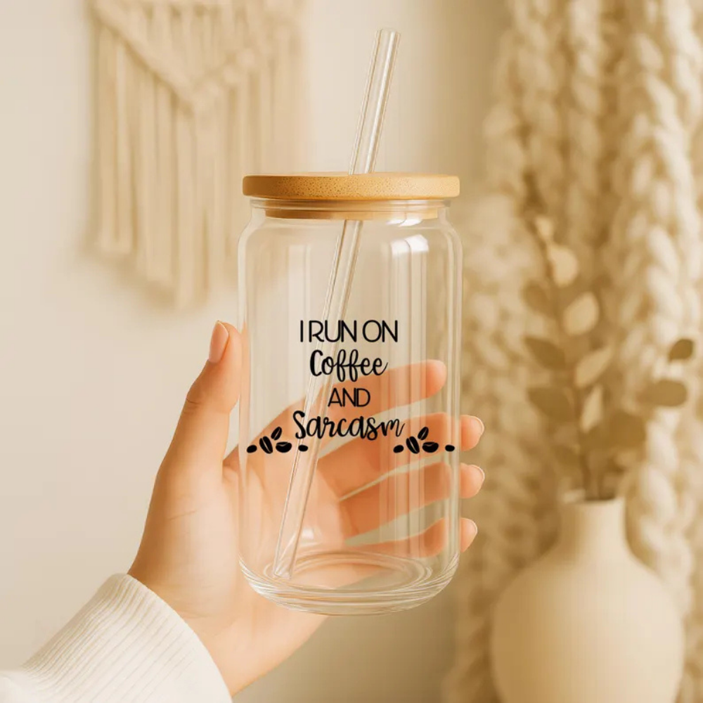 Bazinco I Run on Coffee and Sarcasm Glass Can Cup | Funny Coffee Glass Tumbler with Bamboo Lid & Glass Straw | Aesthetic Iced Coffee Cup Gift for Coffee Lovers