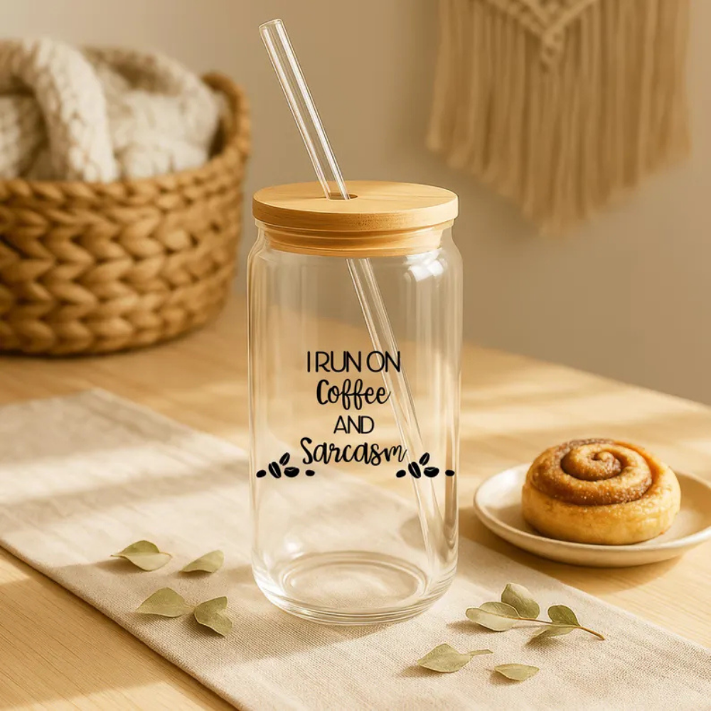 Bazinco I Run on Coffee and Sarcasm Glass Can Cup | Funny Coffee Glass Tumbler with Bamboo Lid & Glass Straw | Aesthetic Iced Coffee Cup Gift for Coffee Lovers