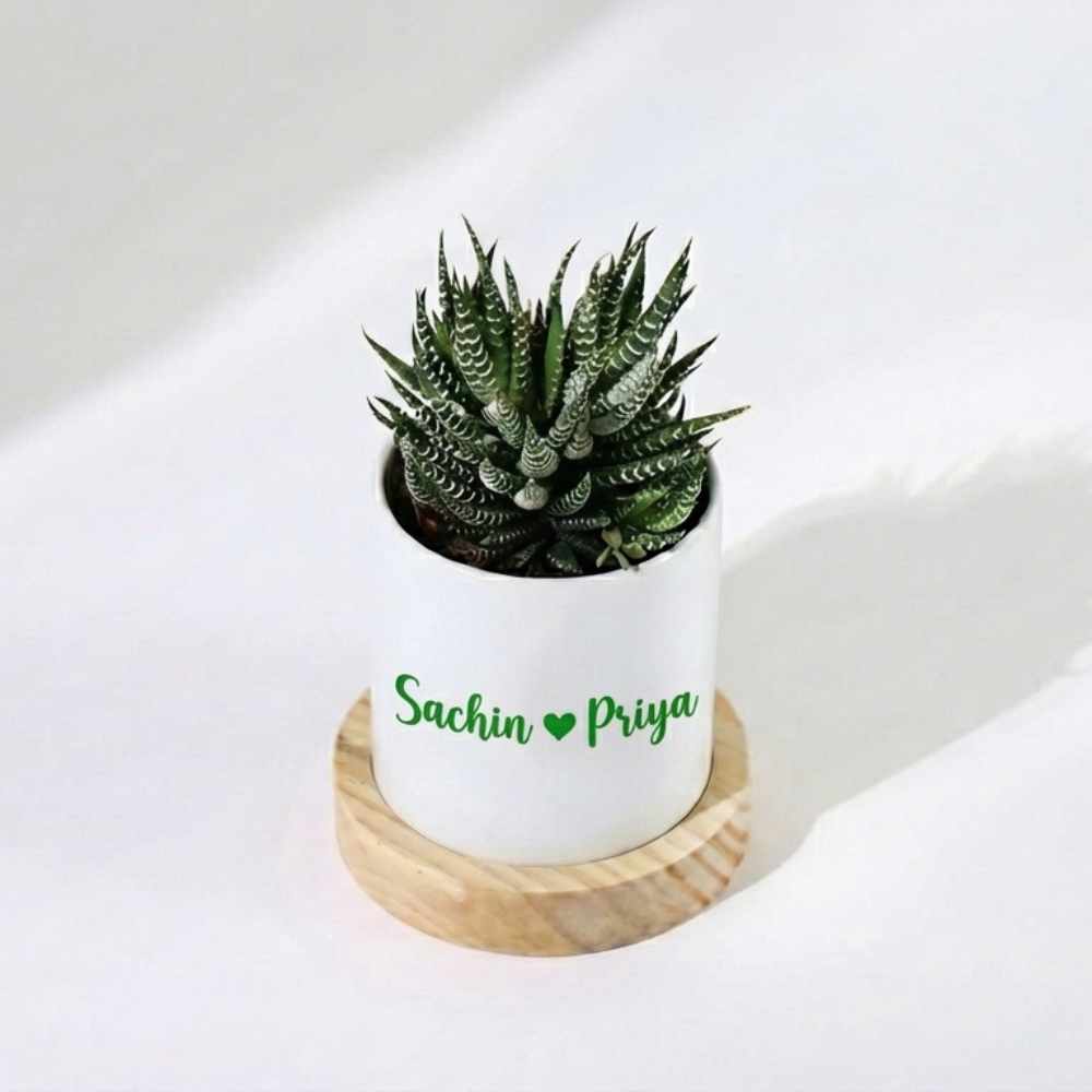 Bazinco Personalized Photo & Name Ceramic Planter with Wooden Base – Custom Couple Gift, Indoor Plant Pot for Home Decor & Anniversary Gift