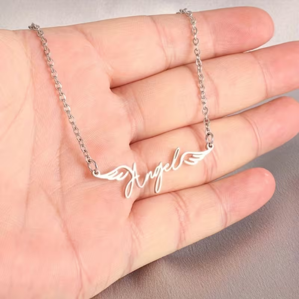 Bazinco Angel Name Necklace with Wings – Personalized Name Pendant Gift for Her