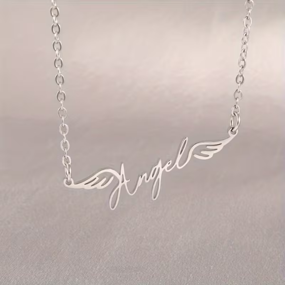 Bazinco Angel Name Necklace with Wings – Personalized Name Pendant Gift for Her