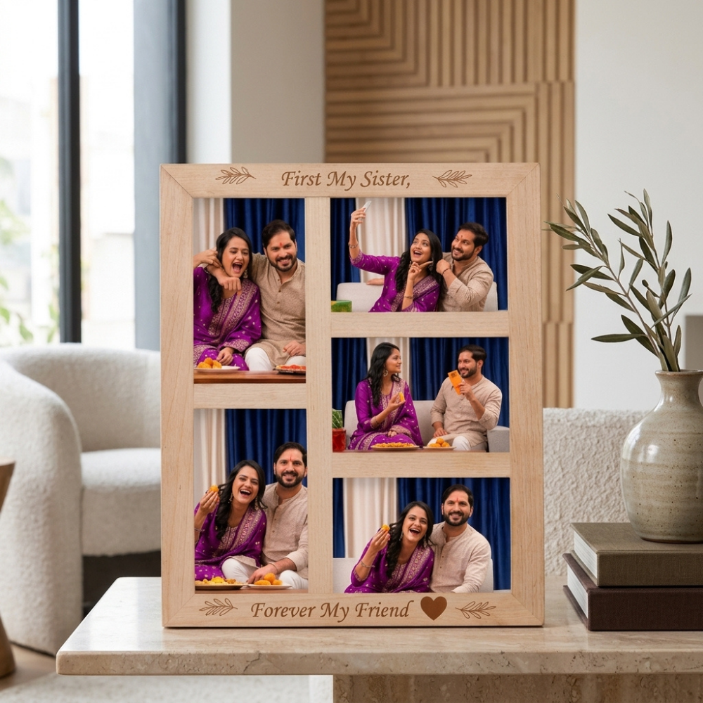 Bazinco A3 Wooden Photo Collage Frame for Sister | Personalized Rakhi Gift | First My Sister Forever My Friend
