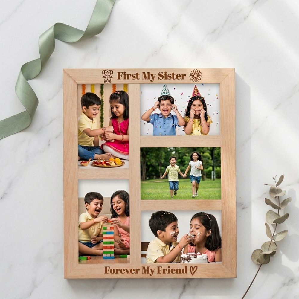 Bazinco A3 Wooden Photo Frame for Sister | Personalized Photo Collage Rakhi Gift | First My Sister Forever My Friend