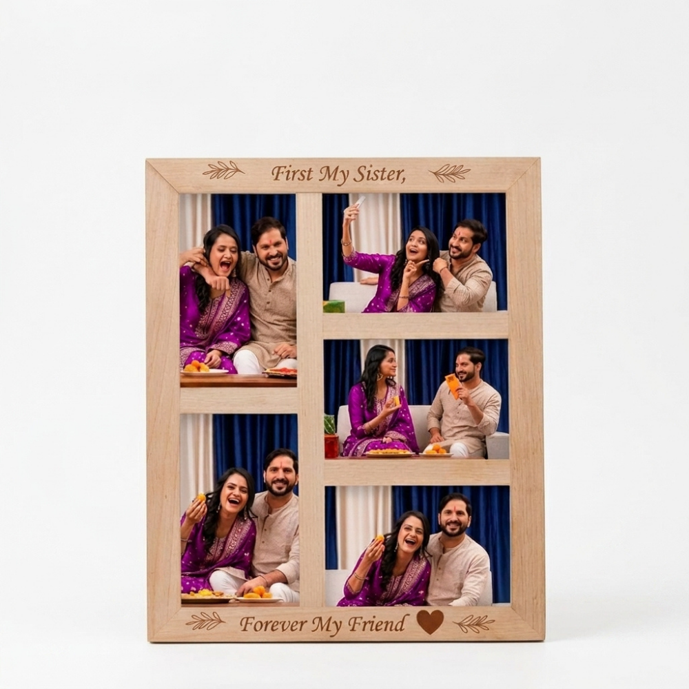 Bazinco A3 Wooden Photo Collage Frame for Sister | Personalized Rakhi Gift | First My Sister Forever My Friend