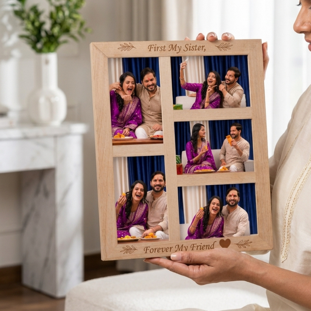 Bazinco A3 Wooden Photo Collage Frame for Sister | Personalized Rakhi Gift | First My Sister Forever My Friend