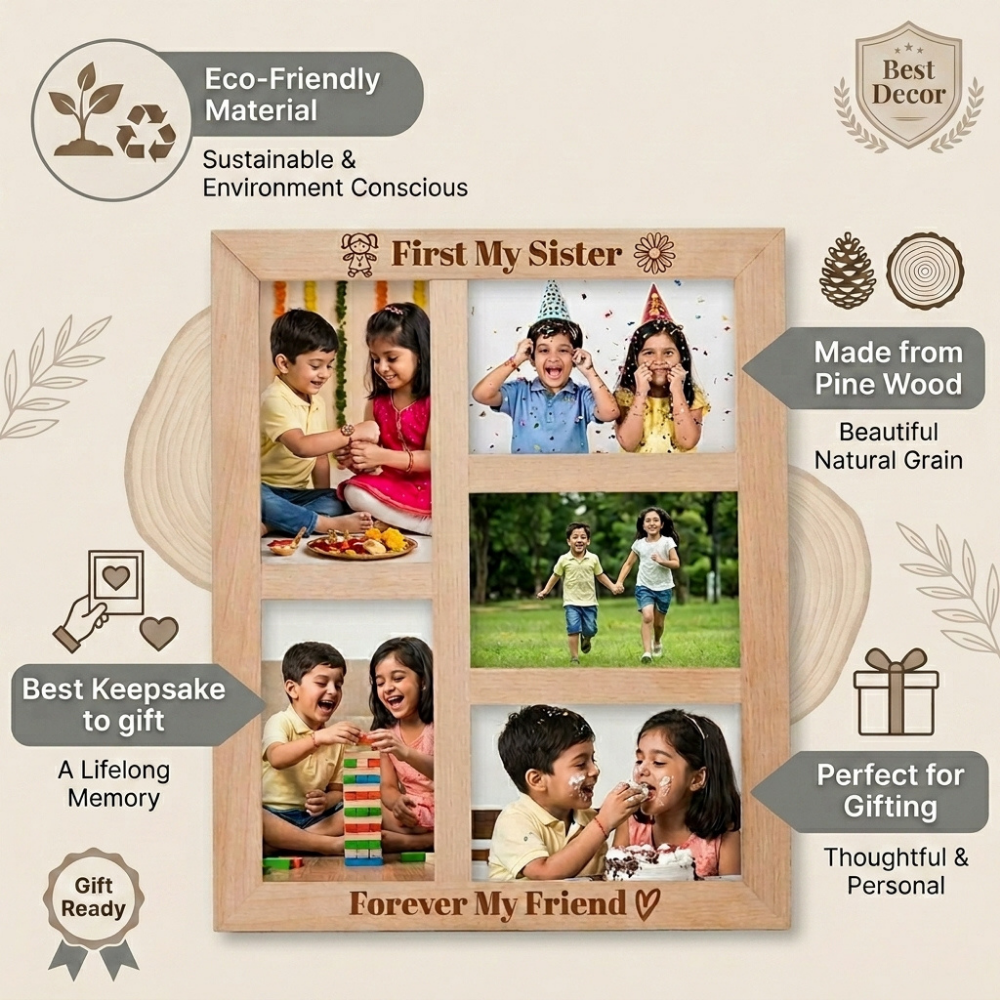 Bazinco A3 Wooden Photo Frame for Sister | Personalized Photo Collage Rakhi Gift | First My Sister Forever My Friend